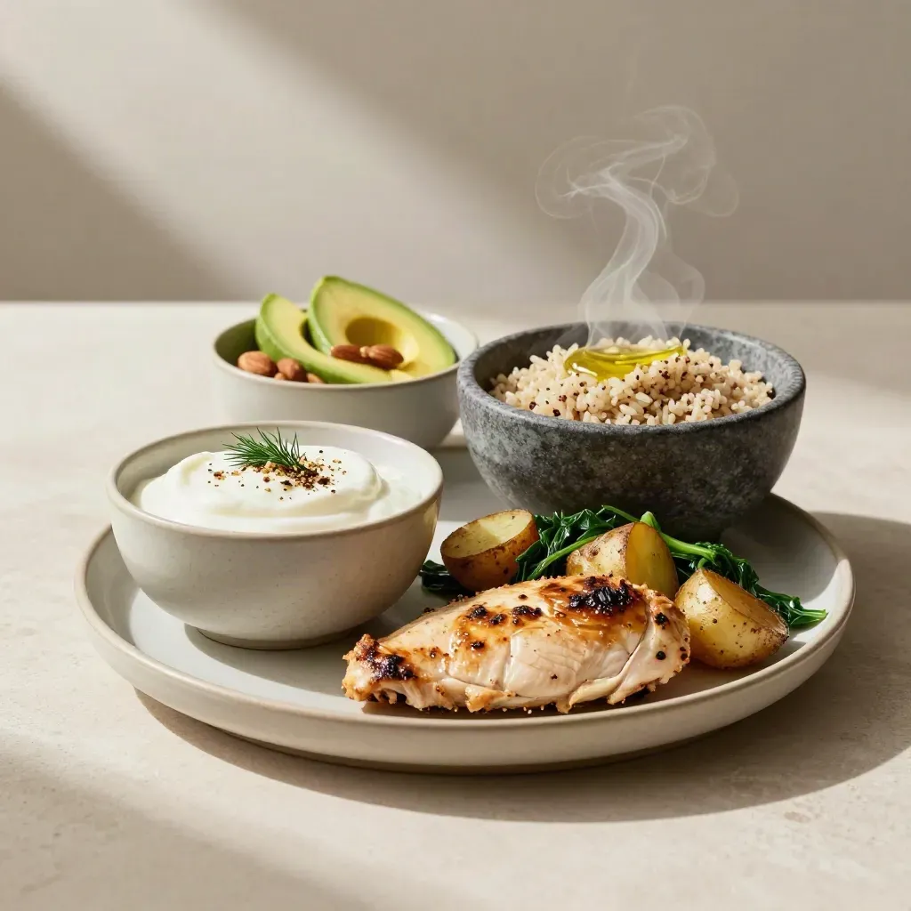 Tre små skålar med protein, kolhydrater och fett bredvid en enkel måltid på putsad yta.