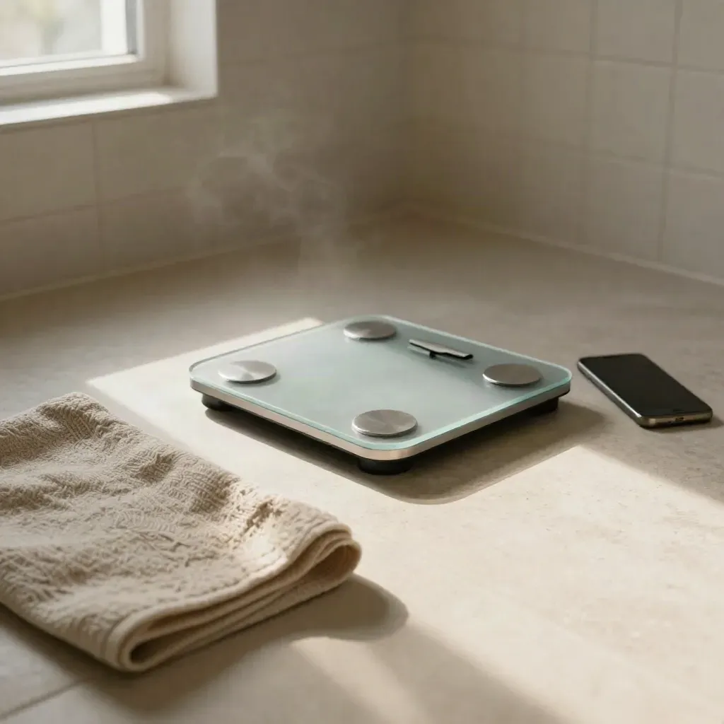 Badrumsscen med våg, hopvikt handduk och telefon i mjukt morgonljus.