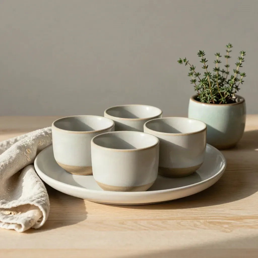 Ceramiska portionskoppar och delad tallrik med linnetyg och örtkruka på ljus askyta.